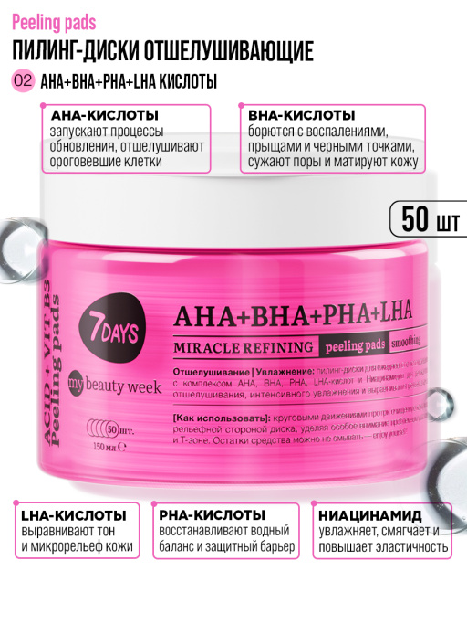 Пилинг пэды для лица очищающие с AHA, BHA, PHA, LHA-кислотами и Ниацинамидом, 50 шт